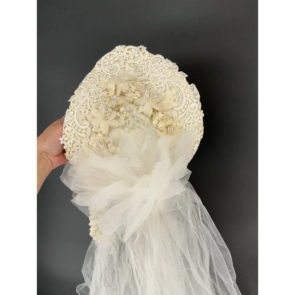 Vintage Bridal Veil Headpiece Lace Floral Pearl Juliet Cap Wedding Ivory